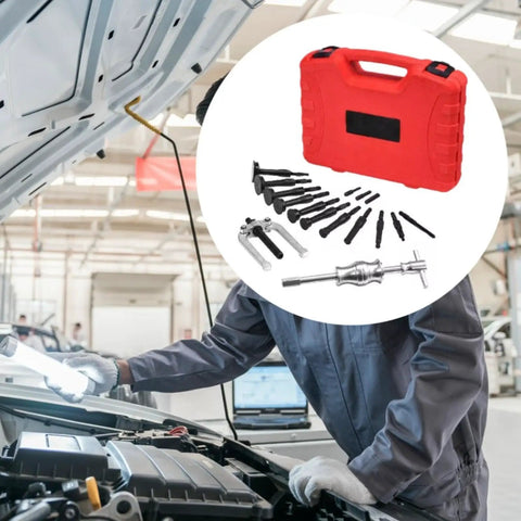 Hardened Steel Blind Inner Bearing Puller 16 Pc Kit Sliding Hammer Screw Adapters For Parts Heavy Duty Handles Jobs Like A Pro Grab Badass Extraction Set Remove Bearings Fast No Damage Keep Rides Rolling Smooth When You Hit Tight Spots During Work red case and adapters in auto shop