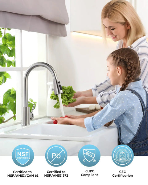 High Arc Single Handle Brushed Nickel Kitchen Faucet With Pull Down Sprayer And Deck Plate 304 Stainless Steel Lead Free Modern Design