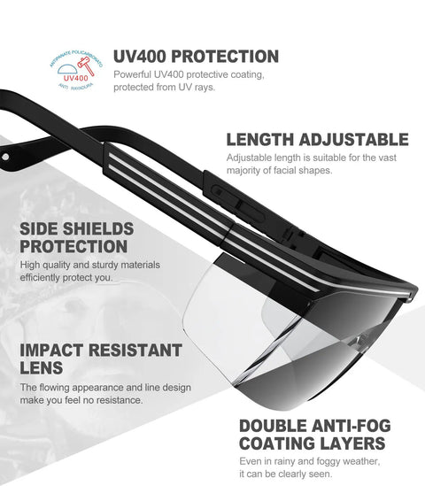 Side view of Anti Fog Safety Glasses With Side Shields UV400 Protection Tough As Nails Eyewear with black frame and lenses.