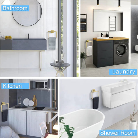Brushed Gold Stainless Steel Towel Ring And Square Wall Mounted Towel Bar Set in bathroom, kitchen, laundry, and shower room.