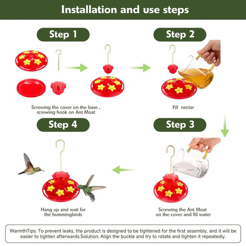 Installation steps for Two Pack 7 Oz Hummingbird Feeders For Outdoors Hangin Ant And Bee Proof With 6 Feeding Ports And Perches Built In Ant Moat