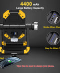 Back view of 6000 Lumen Magnetic Base Work Light With 360 Degree Rotation And 7000K Warm LEDs charging a phone with 4400 mAh capacity.