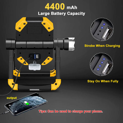 Back view of 6000 Lumen Magnetic Base Work Light With 360 Degree Rotation And 7000K Warm LEDs charging a phone with 4400 mAh capacity.