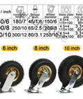 Two Pack Pneumatic Rubber Wheel Casters With Swivel And Fixed Steel Brackets Featuring Rock Solid Double Ball Bearings and Slick Rolling For Heavy Duty Carts, showcasing 6, 8, and 10 inch sizes.