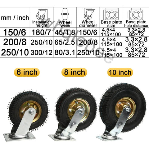 Two Pack Pneumatic Rubber Wheel Casters With Swivel And Fixed Steel Brackets Featuring Rock Solid Double Ball Bearings and Slick Rolling For Heavy Duty Carts, showcasing 6, 8, and 10 inch sizes.