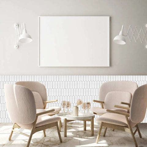 Peel And Stick Picket Tile Backsplash White Matte Ceramic Look Long Hexagon Self Adhesive Wall Tiles in modern lounge