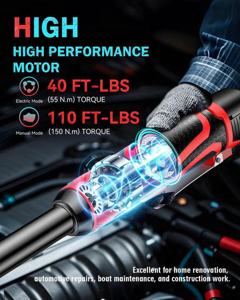 Cordless Three Eighths Inch Drive Ratchet Wrench Set With Dual 2000mAh Batteries, 40 Ft Lb Electric Torque And 150 Nm Manual Torque, 450 RPM, Sixteen Point Eight Volt Variable Speed, 7 Sockets And LED Light For Automotive And Heavy Duty Jobs.