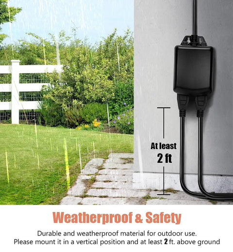 Outdoor Light Timer With Dual Outlets Waterproof 24 Hour Programmable Mechanical Timer Plug In 6 Inch Extension Cord Half HP ETL Listed Daily Repeat 15 Minute Intervals For Holiday Lights And Patio Decor