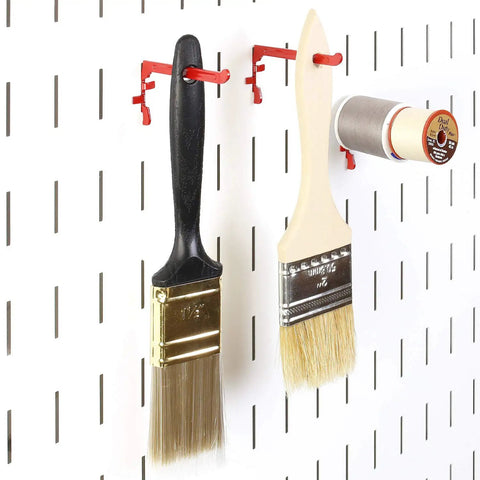 Narrow 3.5-Inch Reach Slotted Peg Hooks Set for Paint Brushes and Spools, Metal Pegboard Organizer, 4 Pack, Black, in use on wall mount