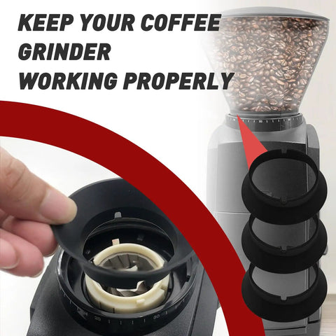 3 Piece Silicone Gasket Replacement Kit For Encore And Virtuoso Conical Burr Coffee Grinders, Durable Ring Seal That Fits Electric Grinders, Keeps Your Morning Brew On Point And Your Grinder Running Smooth. Black silicone gasket rings on a Baratza coffee grinder
