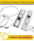 Stainless Steel Pole Mount Bracket Kit With Hardware And Adjustable Clamp shown with clamps and screws for easy installation.