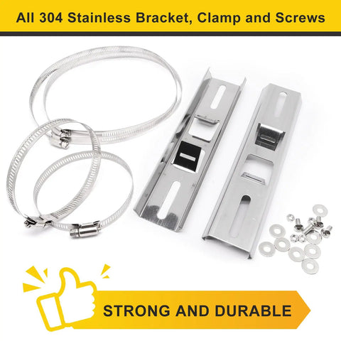 Stainless Steel Pole Mount Bracket Kit With Hardware And Adjustable Clamp shown with clamps and screws for easy installation.