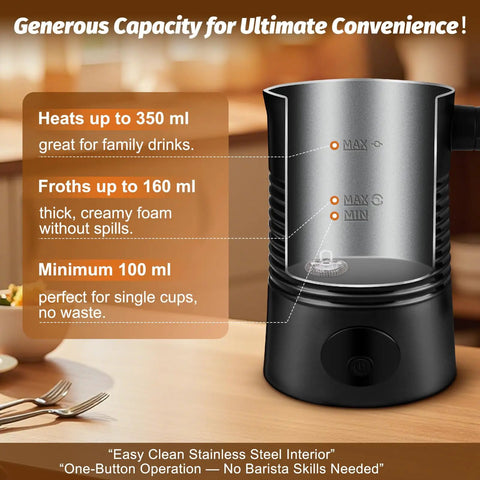 4 In 1 Milk Frother And Steamer For Hot And Cold Foam, 11.8 oz Capacity, displayed with volume measurements and features text.