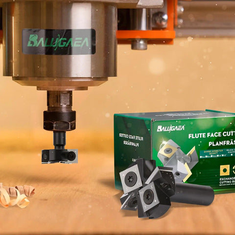 Pro Grade CNC Spoilboard Surfacing Router Bit With Four Wings Half Inch Shank One And A Half Inch Cutting Diameter Slab Flattening Bit for CNC Routers, shown installed in a machine with packaging in the background.
