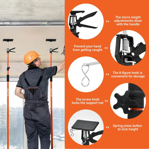 Heavy Duty Adjustable Support Pole Cabinet Jack Drywall Lift 45 To 114 Inch Telescoping with user adjusting height features.