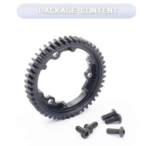Hardened Steel 46T Main Spur Gear 1 Mod M1 For 1/5 Traxxas X-Maxx gear and screws set viewed from above.