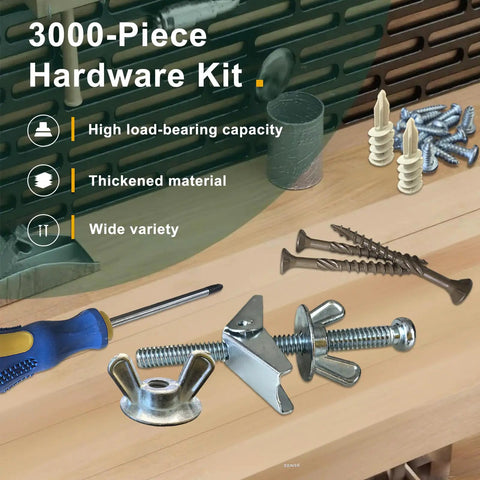 Massive 3000-Piece Hardware Kit With Anchors, Tapping Screws, Deck Screws And Nails on wooden table, DIY tools visible
