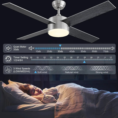 52 Inch Brushed Nickel And Black Ceiling Fan With Lights And Remote, Tri Color LED Temperature Options, Quiet Reversible Motor