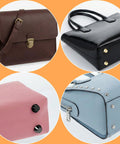 Solid Twenty Six Piece Purse Feet And Handbag Feet Metal Stud Rivet Kit showcased with various handbag bottoms in different colors.