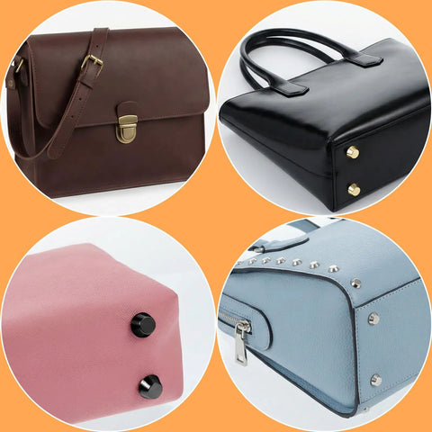 Solid Twenty Six Piece Purse Feet And Handbag Feet Metal Stud Rivet Kit showcased with various handbag bottoms in different colors.