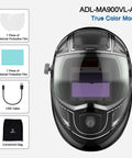 Pro Grade Auto Darkening Welding Helmet With Big 3.86 by 2.44 Inch Viewing Window Side View And Top Optical Clarity Four Arc Sensors Carbon Fiber Look Mask For Fast Responsive Shield with accessories shown
