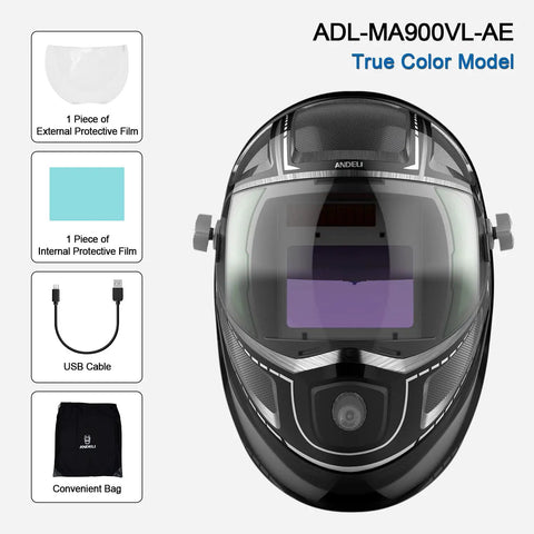 Pro Grade Auto Darkening Welding Helmet With Big 3.86 by 2.44 Inch Viewing Window Side View And Top Optical Clarity Four Arc Sensors Carbon Fiber Look Mask For Fast Responsive Shield with accessories shown
