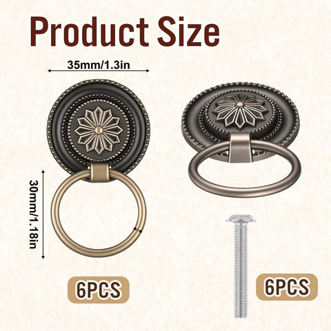 Antique Bronze Drawer Pull Rings Set Of 6 With Screws Vintage Cabinet Hardware 1.18 Inch Solid Zinc Alloy Knobs