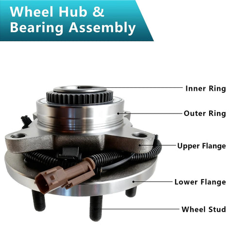 2 Pack Front Wheel Bearing Hub Assembly 515169 For Ford F-150 2015 2016 2017 4WD 6 Bolt ABS Sensor Wire Front Left Or Right Replacement Direct Fit OEM Style Design For 4X4 Vehicles - labeled parts diagram