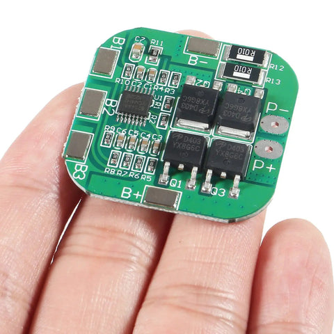 Pack Of Four Heavy Duty Bms For 18650 Lithium Ion Cells With Dead Simple Plug And Play Wiring And Built Tough Short Circuit Safety Protection And Smooth Automatic Balancing, showing a close-up of BMS board in hand.