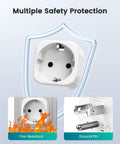 Europe to US Plug Adapter for Travel No Fuss EU to US Converter features safety protection, fire-resistant, and ground pin.