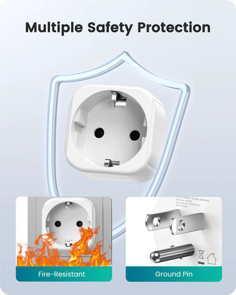 Europe to US Plug Adapter for Travel No Fuss EU to US Converter features safety protection, fire-resistant, and ground pin.