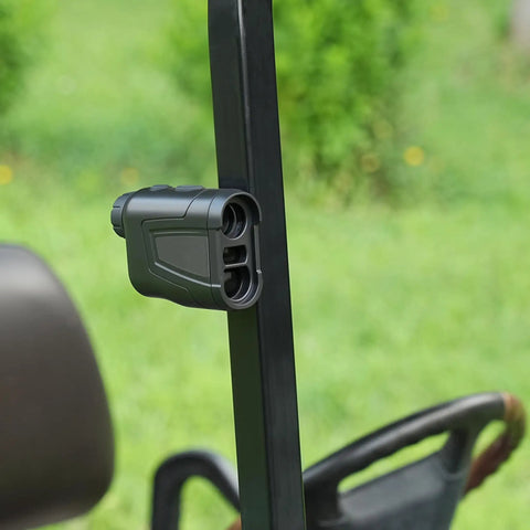 Magnetic Range Finder Holder Mount For Golf Carts With 3M Adhesive attached to black cart frame, compact setup