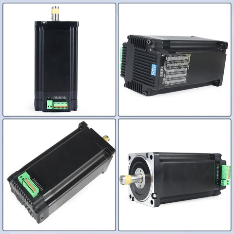 CNCTOPBAOS integrated Nema34 closed-loop motor and driver; four-view set, black housings, green terminals, 14mm shaft