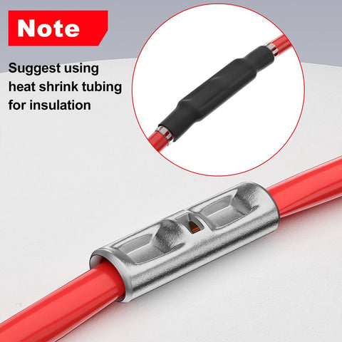 Front view of non-insulated silver butt connector crimped to red wire; inset shows black heat-shrink tubing on the wire.