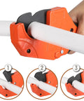 Ratcheting PVC Pipe Cutter For 2-1/2 Inch Tubing, Heavy Duty Orange Tool cutting white plastic pipe, close-up view.