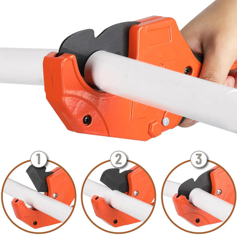 Ratcheting PVC Pipe Cutter For 2-1/2 Inch Tubing, Heavy Duty Orange Tool cutting white plastic pipe, close-up view.