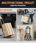 Beefy 280 Lb Capacity Stair Climbing Cart Folding Hand Truck Dolly carrying boxes and groceries, durable aluminum frame, shown in use.