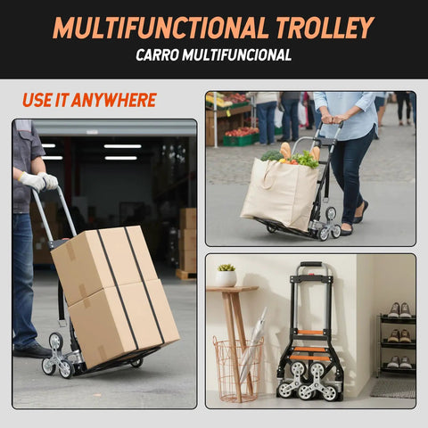 Beefy 280 Lb Capacity Stair Climbing Cart Folding Hand Truck Dolly carrying boxes and groceries, durable aluminum frame, shown in use.