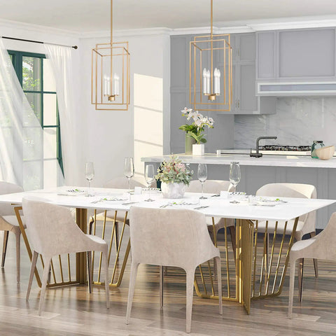 Dining room with Antique Gold Four-Light Modern Linear Chandelier With Openwork Geometric Frame above white table.