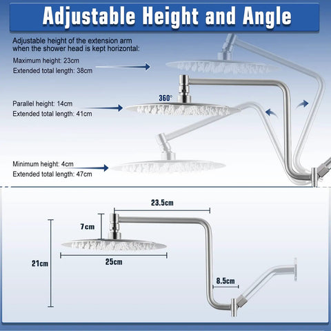 Brushed Nickel Waterfall Shower Head With Handheld Spray Combo Featuring 3 Way Diverter Extension Arm for adjustable height.