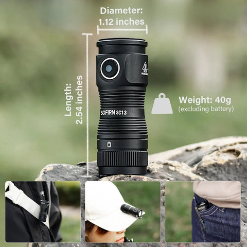 Tiny But Mighty EDC Flashlight Rechargeable 1300 Lumens, Pocket Size, shown with measurements and weight on rock
