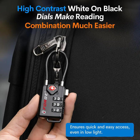 Durable Luggage Locks With Resettable Combination And Alloy Body For TSA Recognition displayed on a black suitcase zipper
