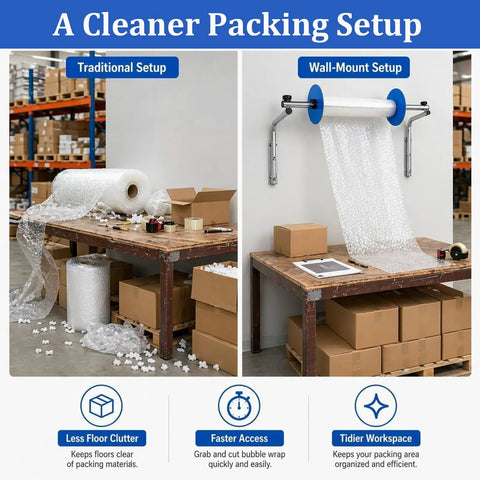 Kickass Heavy Duty Wall Mount Bubble Wrap Roll Dispenser shown in a cleaner packing setup for efficient workflow.