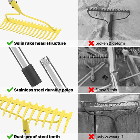 Comparison image of Heavy Duty Bow Rake For Leaves And Lawn Care, 6 Ft Metal Rake With 17 Tines And Stainless Steel Handle, showcasing solid structure and rust-proof teeth.