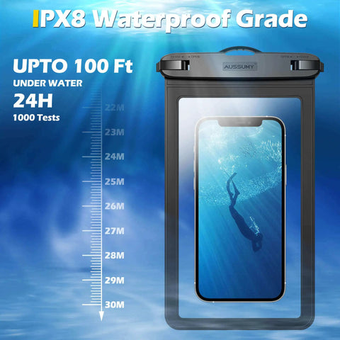 4 Pack 10.5 Inch Waterproof Phone Pouches For Underwater Use showing phone submerged up to 30 meters with IPX8 rating