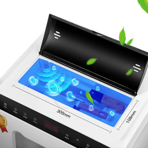 Top view of Fully Automatic Compact Desktop Dishwasher For Six Person Households, showcasing the wash compartment with bubbles.