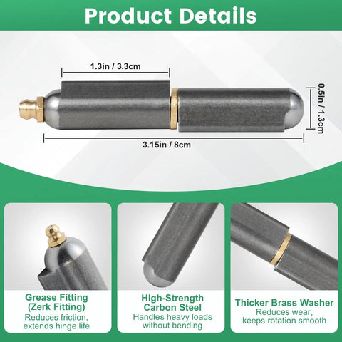 Heavy Duty 4 Pack 3 Inch Weld On Hinges Bullet Barrel Carbon Steel Hinges With Grease Fitting close-up showing dimensions and features.