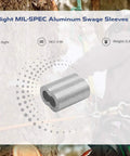 Badass Mil Spec Aluminum Swage Sleeves And Ferrule Clips For Seven Sixteenths Inch Oval Duplex Wire Rope Cable Crimping Loop Fixings Quick Install Heavy Duty Go To Gear Pack displayed on tree backdrop.