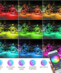 Motorcycle with Lit 8 Piece Motorcycle Underglow LED Light Kit With App Control Multicolor RGB Strips Music Sync Waterproof Ride.