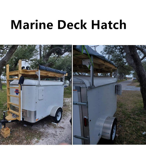 Trailer with wooden frame outdoors, showcasing a marine deck with Rectangular Boat Hatch Cover 17-1/4 By 12-3/8 Inches Weatherproof Heavy Duty
